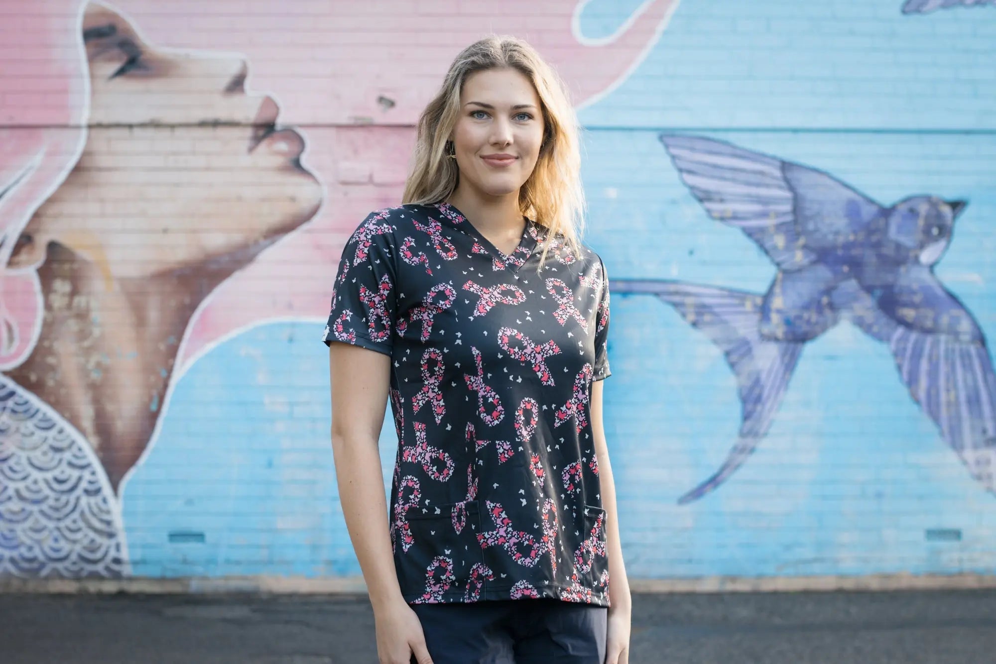 Softies Women's Pink Ribbons Slim Fit Fun Scrub Top PROT01 - Simply Scrubs Australia